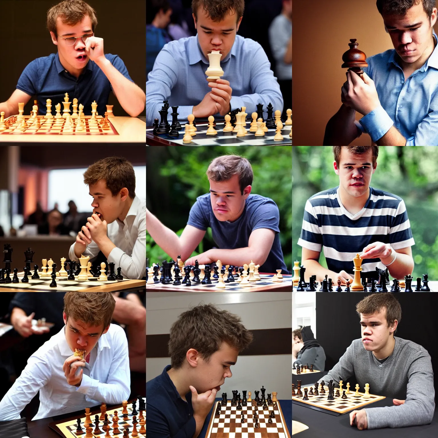 Prompt: magnus carlsen eating a chess piece