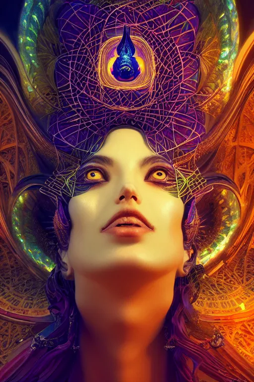 Prompt: a centered render of an alluring goddess wearing a psychedelic mask surrounded by a glorious sacred energy made from geometry and spiral mandel bulb fractals in a majestic cathedral, powerful, cinematic, beautifully lit, by artgerm, by karol bak, 3 d, trending on artstation, octane render, 8 k