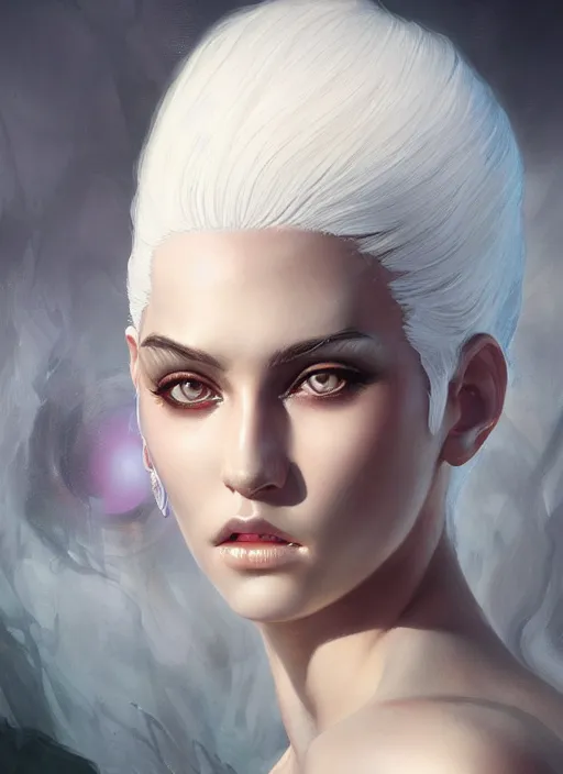 Prompt: girl with white hair, beautiful highly detailed face, complementary lighting, backlit, eyeshadow, divine, beautiful painting by artgerm and greg rutkowski and raymond swanland