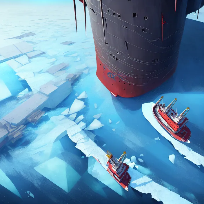 Image similar to A little bird's flight over an insanely huge icebreaker-fortress sailing across an icy cold ocean. Art by Finnian MacManus, Simon Stalenhag, Arthur Rackham. Masterpiece, cinematic, hyperdetailed, photorealistic, hyperrealism, octane rendering, 8k, aerial view.
