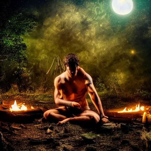 Image similar to spartan doing ayahuasca ritual at camp fire, jungle background, full moon with stars, hyper realistic award winning photographic portrait, dramatic cinematic lighting