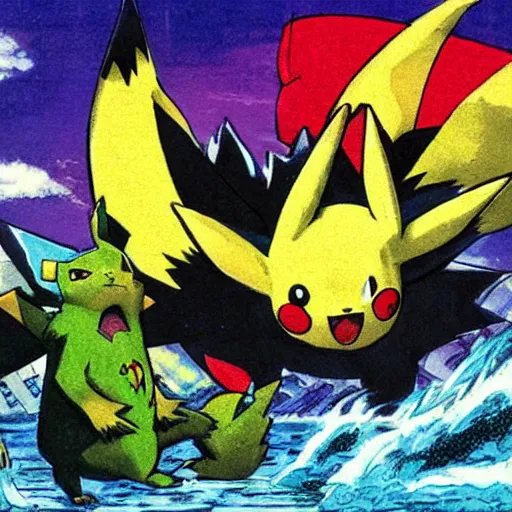 Image similar to pikachu fighting godzilla art