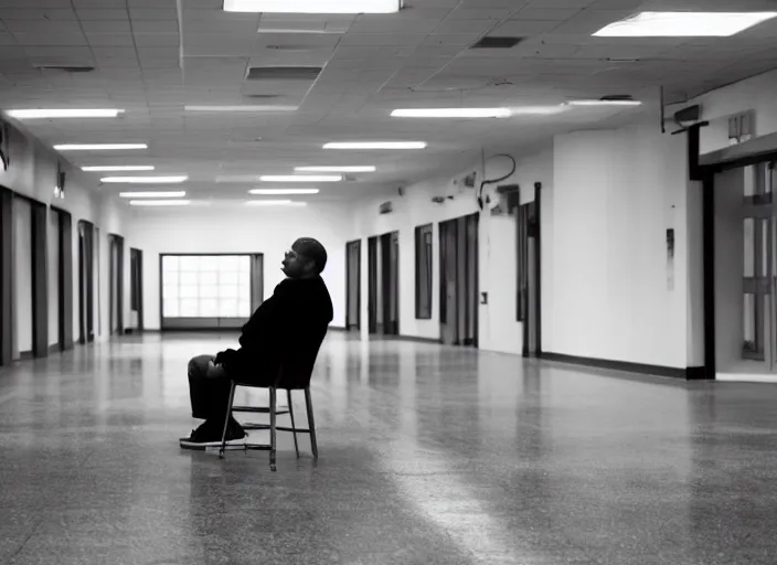 Image similar to a man sitting in a chair in the middle of an empty school hallway