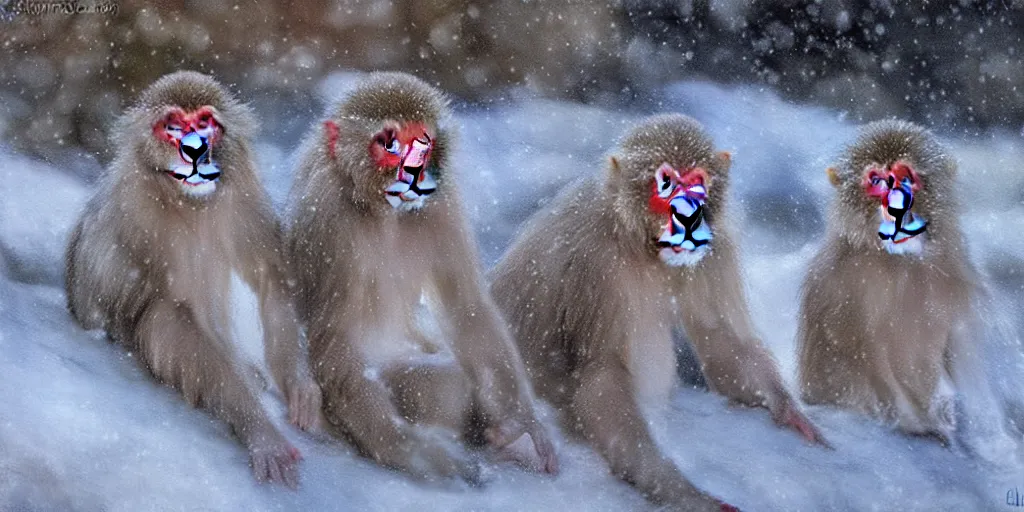 Image similar to (snow monkeys) at the mountain spa, muted color (blues, reds), steam, snow flurries, breath condensation, caring, family, digital, intelligent, smart, inquisitive, adorable, handsome, art by Steve Henderson