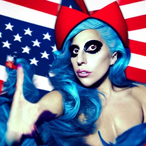 Prompt: Lady Gaga detailed face, making the peace sign with her fingers, the flag of Argentina is behind her