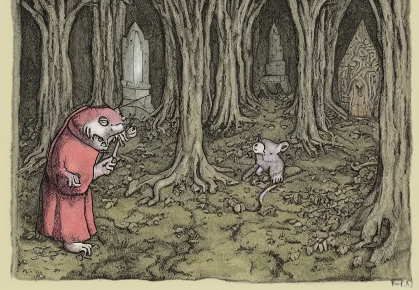 Image similar to possums dressed like a monk at a scary medieval cemetery in the middle of the forest at night, isometrical, highly detailed, by Maurice Sendak, colorized