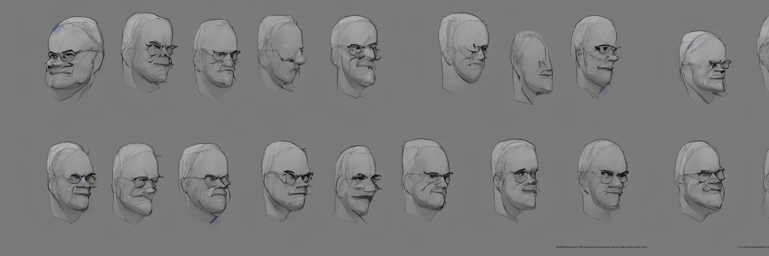 Image similar to character face study of skinny snorexic philip seymour hoffman, clear faces, emotional, character sheet, fine details, concept design, contrast, kim jung gi, pixar and da vinci, trending on artstation, 8 k, full body and head, turnaround, front view, back view, ultra wide angle