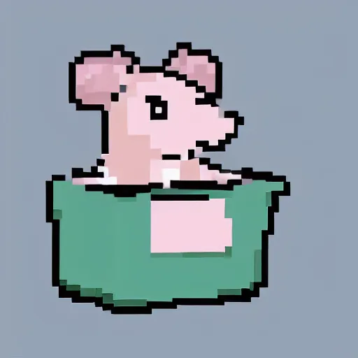 Image similar to a little cute rat with a lot blush is resting in front of a trash bin and smiles in beautiful pixel art