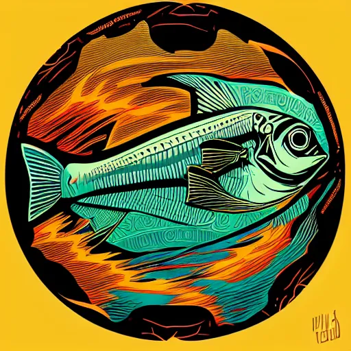 Image similar to profile of one stylized fish in center of view, dark ocean, complex patterns, artstation, intricate, realistic, highly detailed, digital painting, concept art, sharp focus, illustration by tom whalen and charles williams and kilian eng and james jean