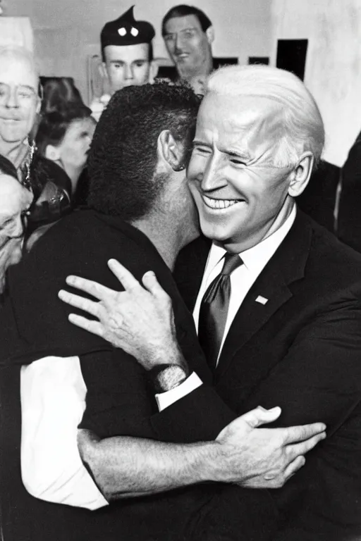 Prompt: joe biden hugging kirby at the worlds fair in the year 2, 6 6 6