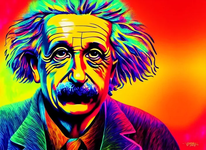 Prompt: “ a psychedelic portrait of albert einstein, vibrant color scheme, highly detailed, in the style of romanticism, cinematic, artstation, moebius, greg rutkowski ”