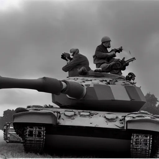 Prompt: world War 2 photography of Donald Trump hugging a tank, shot by Annie Leibovitz, award winning, 4k, 8k, black and white photography, cinematic lighting.