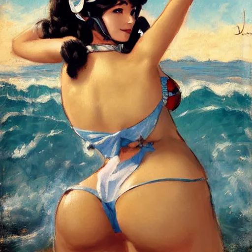 Prompt: pinup art of d. va from overwatch in a beach, artwork by alfred stevens