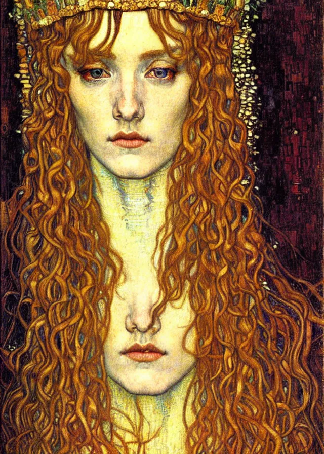 Image similar to detailed realistic beautiful young medieval queen face portrait by jean delville, gustav klimt and vincent van gogh, art nouveau, symbolist, visionary, gothic, pre - raphaelite, muted earthy colors, desaturated