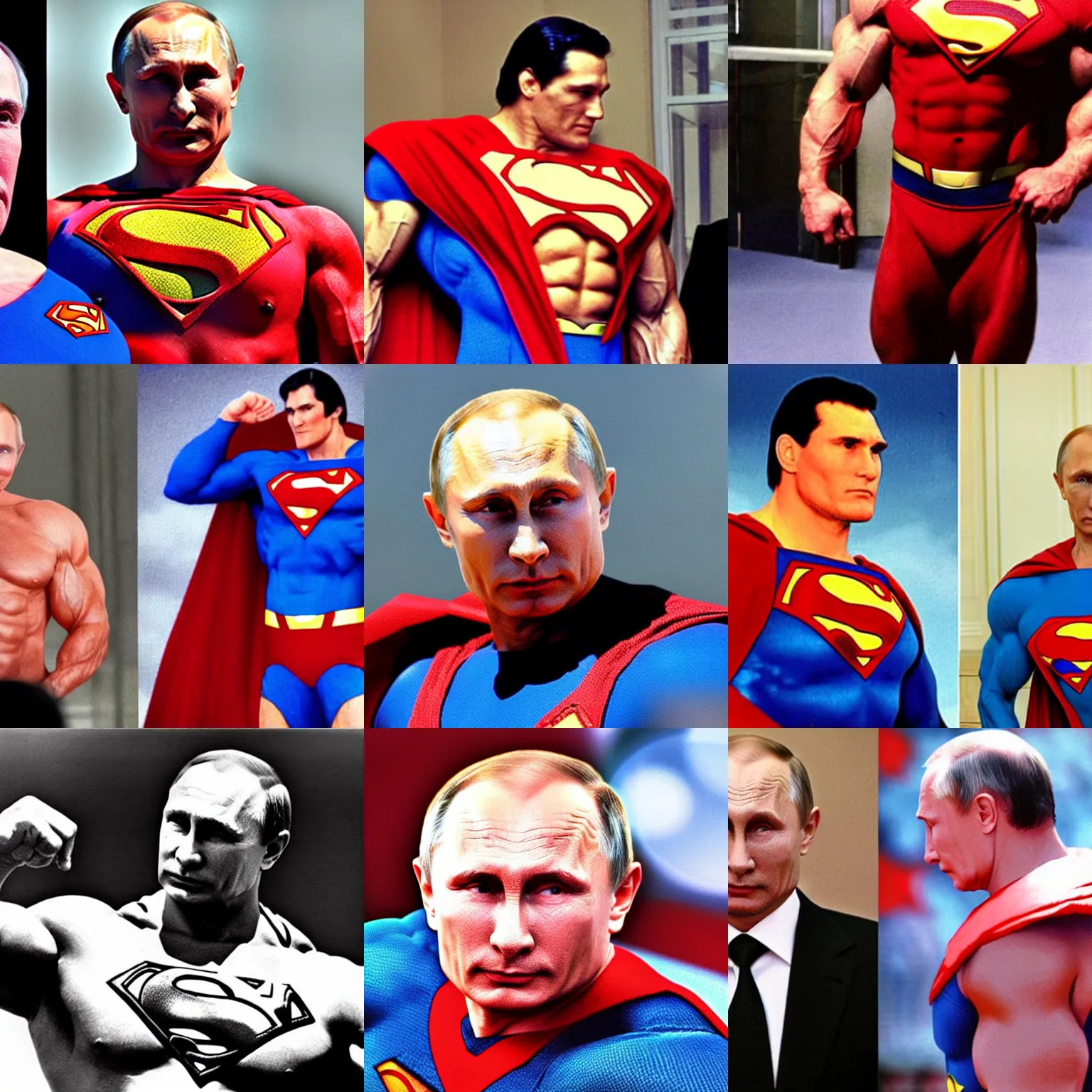 Prompt: vladimir putin muscular steroids wearing superman costume, real still photograph close up looks at the camera