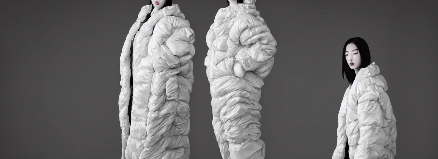 Image similar to well lit fashion shoot portrait of extremely beautiful female marble statue wearing huge over size puffer jacket by dingyun zhang, yeezy, balenciaga, vetements, a cold wall, sharp focus, clear, detailed,, cinematic, detailed, off white, glamourous, symmetrical, vogue, editorial, fashion, magazine shoot, glossy