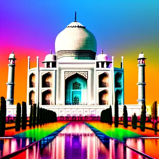 Image similar to futuristic taj mahal painted in rainbow colors. photorealistic. brightly lit scene. this 4 k hd image is trending on artstation, featured on behance, well - rendered, extra crisp, features intricate detail, epic composition and the style of unreal engine.