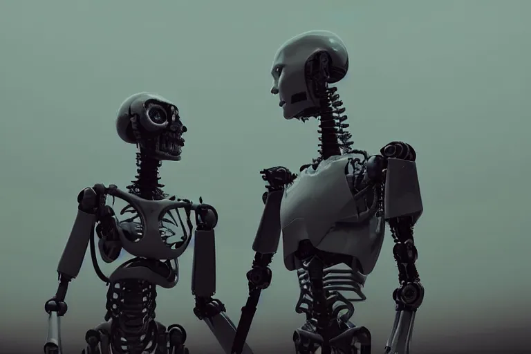 Image similar to vfx film closeup, dead robot couple holding hands, flat color profile low - key lighting award winning photography arri alexa cinematography, hyper real photorealistic cinematic atmospheric cool colorgrade