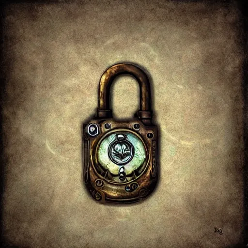 Image similar to a steampunk keyed padlock 🔒 🔑, fantasy digital art, magical background in the style of hearthstone artwork