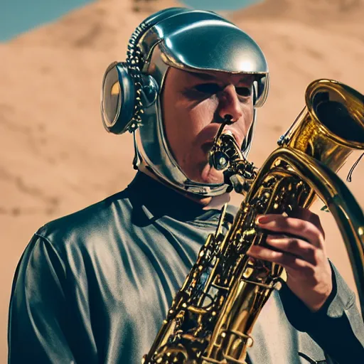 Image similar to metal cyborg playing saxophone in the desert, 8 k, movie still