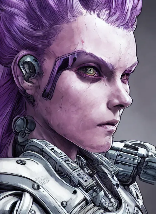 Image similar to close up portrait of a pale woman in sci - fi power armor with purple hair, powerful, domineering, stoic, masterful, intense, ultrafine hyperdetailed illustration by kim jung gi, irakli nadar, intricate linework, sharp focus, octopath traveler, yoji shinkawa, highly rendered, detailed, concept art