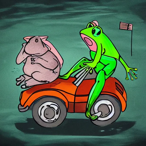 Image similar to a frog riding on a pig in a nuclear wasteland