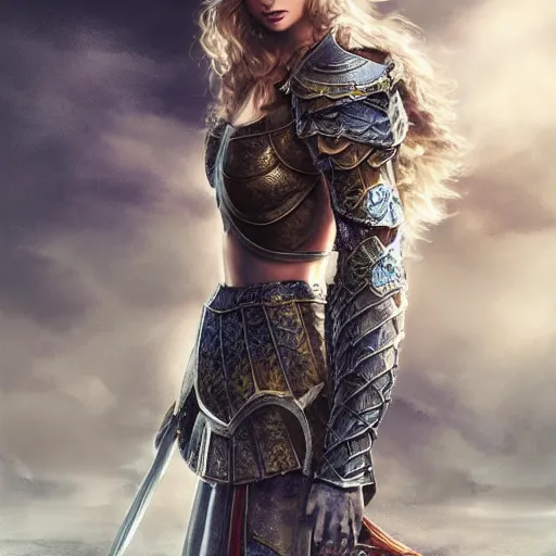 Image similar to the picture of taylor swift in a knight armor, epic fantasy art, mystical, mystic atmosphere, mythology, photo realistic, high detail, ultra realistic, hyper realistic, high definiton, 4 k uhd,