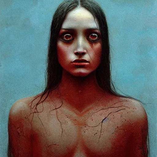 Prompt: teen girl who is half raven, painting by Beksinski
