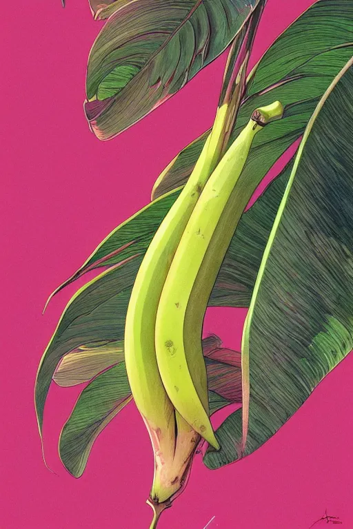 Prompt: ultra realistic illustration, banana plants drawing, pink background, elegant, highly detailed, digital painting, concept art, smooth, sharp focus, illustration, art by artgerm and greg rutkowski and alphonse mucha, haus and hues,