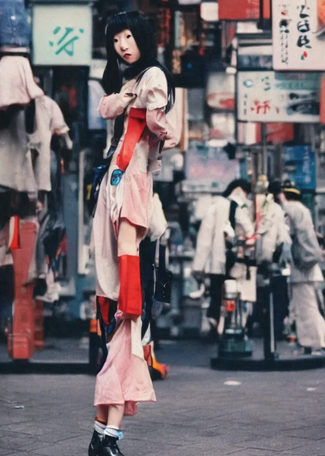 Prompt: a street fashion photograph of a cute japanese woman in 9 0 s fashion, in tokyo akihabara, shot on cinestill 5 0 d with a 3 5 mm at f / 2. 8 lens, print magazine, photorealistic, nineties nostalgia, 4 k