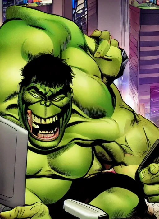 Prompt: Hulk trying to learn how to type on a computer, frustrated, vertigo comic panel, detailed, trending on artstation,
