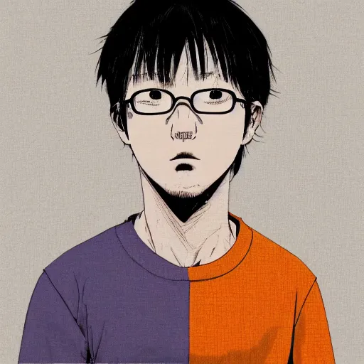 Image similar to a colorful portait of a 2 4 years old man with an orange sweetshirt made by inio asano, detailed