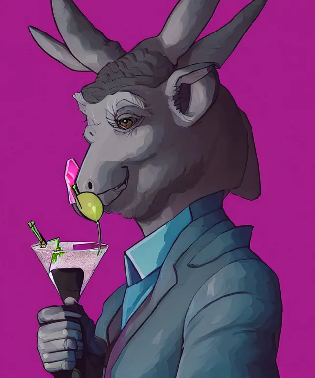 Image similar to a portrait of an anthropomorphic donkey holding a martini, cyberpunk!, fantasy, elegant, digital painting, artstation, concept art, matte, sharp focus, illustration, art by josan gonzalez