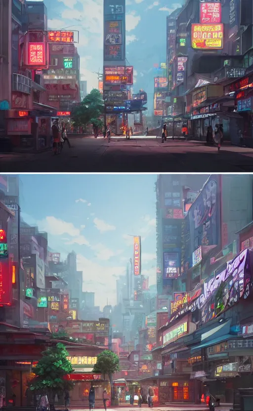 Image similar to A highly detailed matte painting of Buildings with Billboards and neonsigns by Studio Ghibli, Makoto Shinkai, by Artgerm, by WLOP, by Greg Rutkowski, volumetric lighting, octane render, 4K resolution, trending on artstation, masterpiece