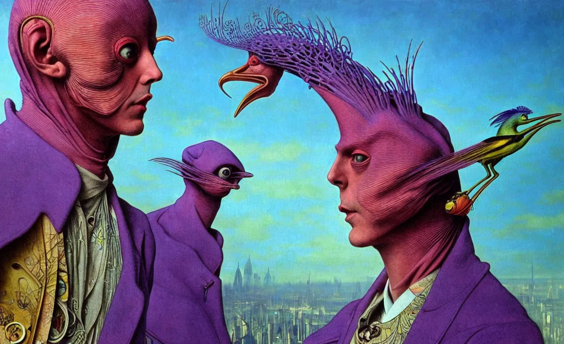 Image similar to realistic detailed portrait movie shot of a birdman wearing purple coat, sci fi city landscape background by denis villeneuve, amano, yves tanguy, alphonse mucha, ernst haeckel, max ernst, roger dean, masterpiece, rich moody colours, blue eyes, occult