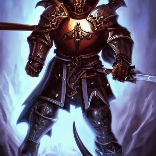 Prompt: portrait of a crusader in the style of Diablo, fighting demons, consecration