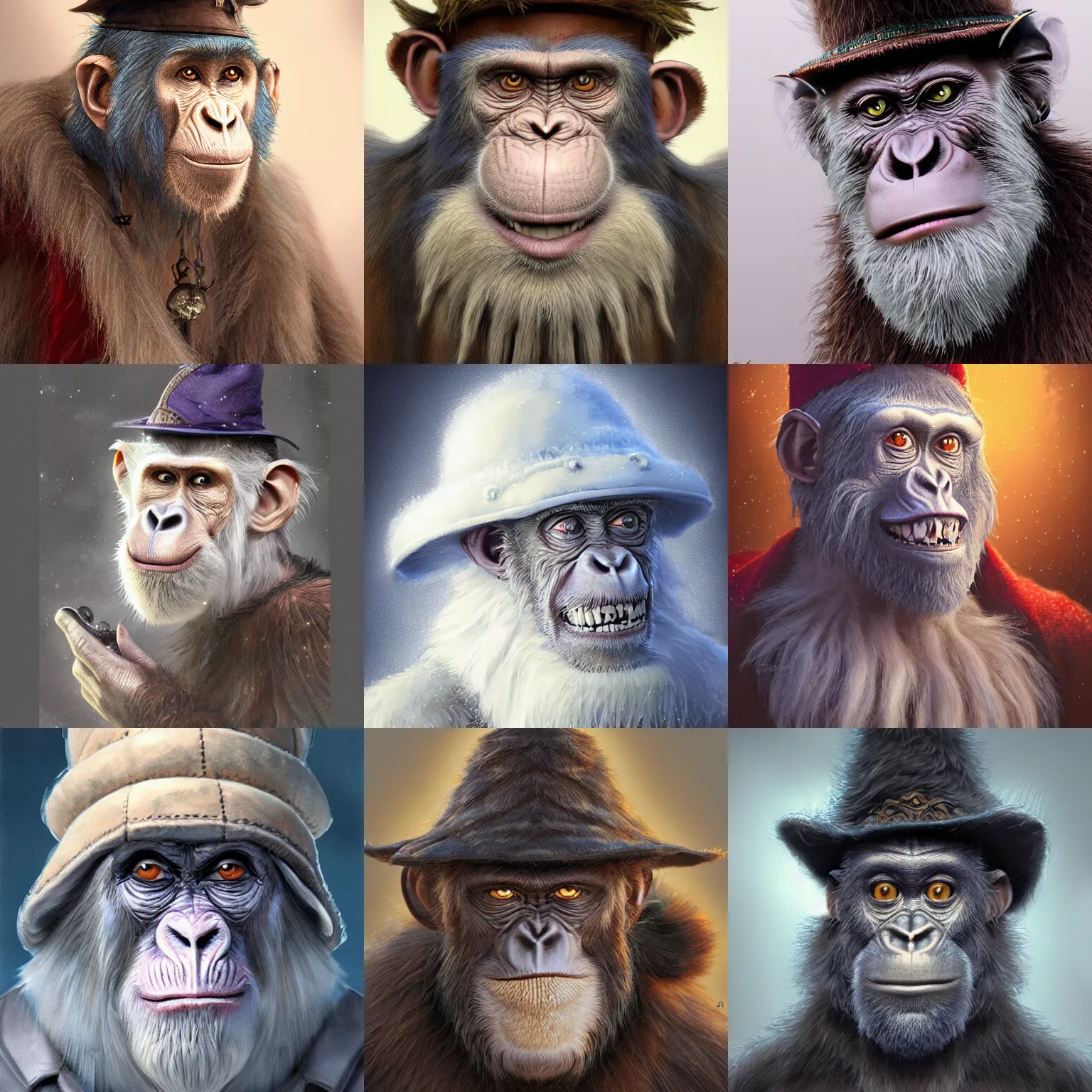 Image similar to a wlop 3 d render of very very very very highly detailed beautiful mystic portrait of a horror ape mage with stylish hat and frosty background by anton pieck, intricate, extremely detailed, micro detail, digital painting, artstation, concept art, smooth, sharp focus, illustration, intimidating lighting, incredible art,