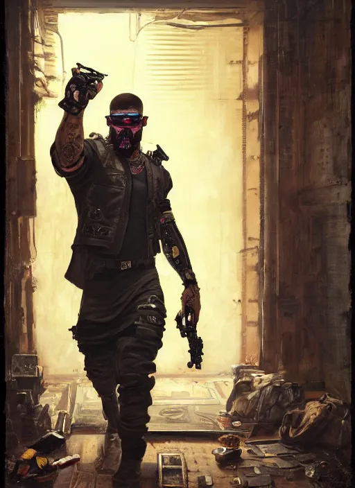 Image similar to big mike. cyberpunk mercenary with tattoos wearing a military vest and combat gear. (Cyberpunk 2077, bladerunner 2049). Iranian orientalist portrait by john william waterhouse and Edwin Longsden Long and Theodore Ralli and Nasreddine Dinet, oil on canvas. Cinematic, hyper realism, realistic proportions, dramatic lighting, high detail 4k