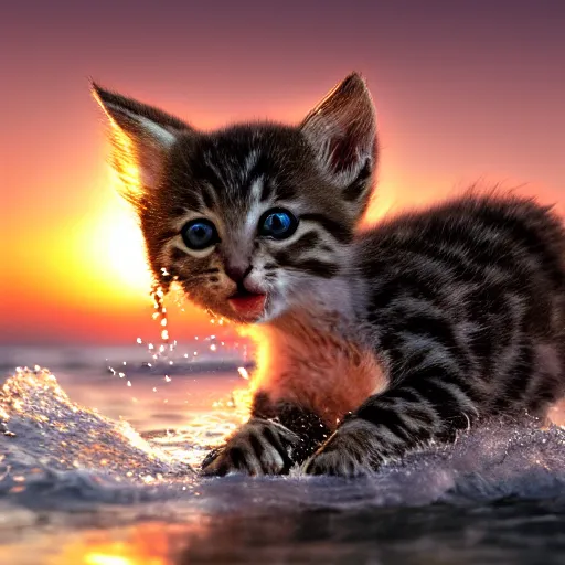 Image similar to a closeup photorealistic photograph of a cute kitten kangaroo hybrid splashing in the surf during sunset. professional capture, well lit shot. this 4 k hd image is trending on artstation, featured on behance, well - rendered, extra crisp, features intricate detail, epic composition and the style of unreal engine.