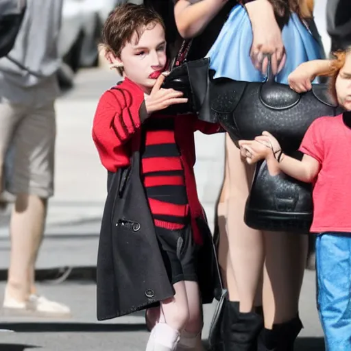 Prompt: An evil little boy with glowing red eyes attempting to steal Gal Gadot's handbag in broad daylight while she glares down at him.