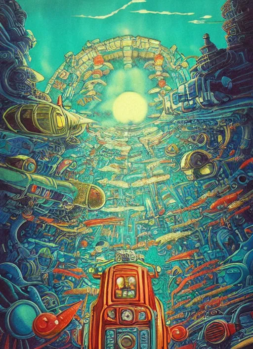 Prompt: 70s vintage anime illustration by Studio Ghibli and by James Jean, giant underwater city amongst cliffs at night by Jeffery Smith by Mati Klarwein, underwater Atlantean city landscape lights up the dark sea with bold colors, a surreal magical aura surrounds this hidden city lighting up the darkness