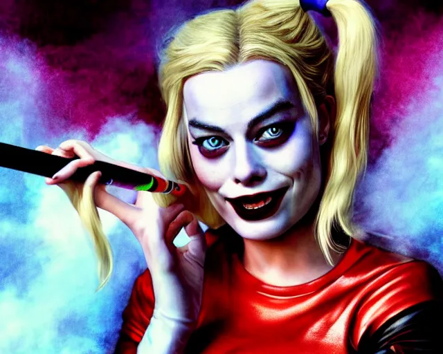 Image similar to Margot Robbie as a harley quinn smoking a cigarette, smoke cloud, cinematic, 4k digital art, highly detailed