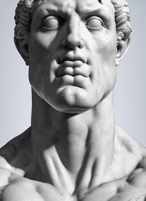 Image similar to stylized carrara marble ornate statue bust made of marble of hercules, perfect symmetrical body, perfect symmetrical face, hyper realistic, hyper detailed, by johannen voss, by michelangelo, octane render, blender, 8 k, displayed in pure white studio room