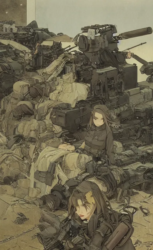 Prompt: manga, modern warfare, panoramic view of a girl under artillery fire, trench and sandbags in background, soldier clothing, long hair, hair down, symmetrical facial feature, from arknights, wallpaper, trending pixiv, safebooru, volumetric lighting, by alphonse mucha, greg rutkowski, sharp focus, backlit