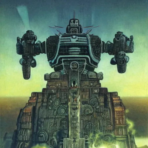 Prompt: giant mayan mecha with flaming eyes standing over city, perfectly clear face, shadow of the colossus screenshot by j. c. leyendecker, studio ghibli, and beksinski