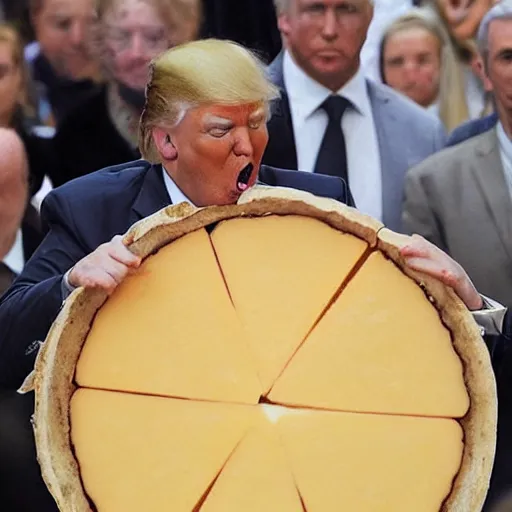 Image similar to donald trump eating a large wheel of cheese,