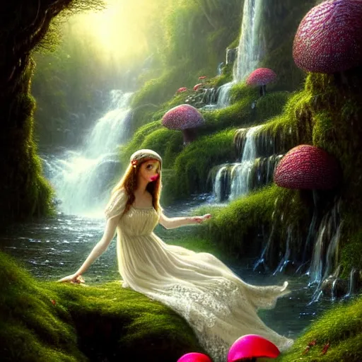 Prompt: highly detailed, elegant elf clothed in a white lace dress and flowers sitting in a enchanted scenery landscape, vast lush valley flowers and mushroom, waterfall, stream, sunrise, vivid color, soft clouds, cinematic lighting, perfect composition, 8 k, gustave dore, derek zabrocki, greg rutkowski, belsinski,