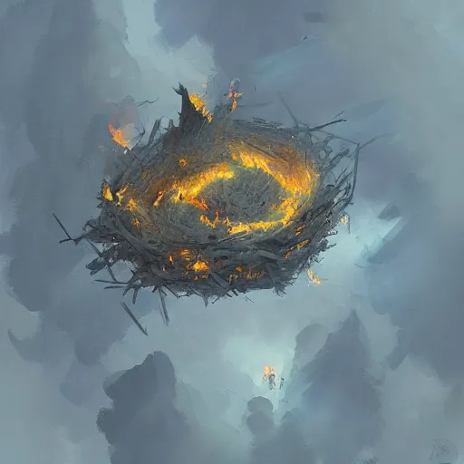 Prompt: oil paint of bird's nest of flames, isometric view, isometric map, by craig mullins by jakub rozalski