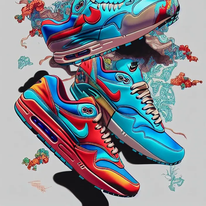 Image similar to excellent painted isometric view of 'nike air max 1', high quality masterpiece painted, patterned background, 4k, trending on artstation, octane render, art by James Jean and artgerm and greg rutkowski and alphonse mucha and craig mullins and James Jean and Andrei Riabovitchev and Marc Simonetti and peter mohrbacher