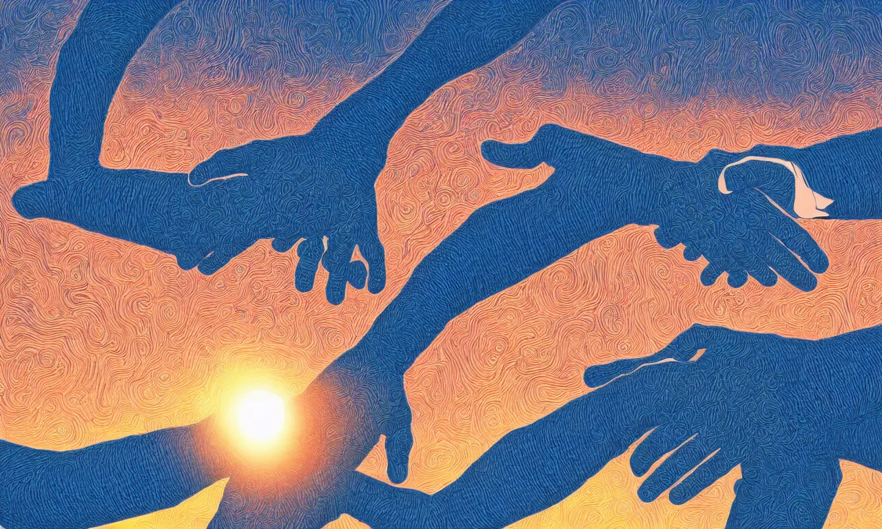 Prompt: close shot of strong handshake and interlocking arms against a background of sillicon chip blood vessels sunset at sunset in the style of jean giraud cinematic